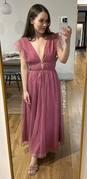 Lulu's Soft Girl Yours Evermore Mauve Swiss Dot Ruffled Midi Dress thumbnail 1