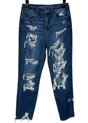 American Eagle SZ 4 Mom Jeans Hi-Rise Distressed Rips Zip-Fly Whiskered Blue thumbnail 1