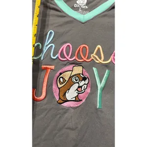Buc-ee's Choose Joy Embroidered V-Neck Ringer T-Shirt Gray Teal Women Large thumbnail 4