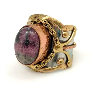 Mixed Metal and Rhodonite Stone Ring Adjustable Silver thumbnail 1