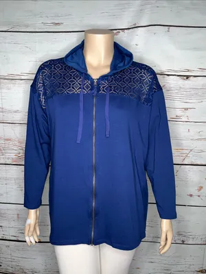 LOGO Lounge Lori Goldstein 2X Blue - Eyelet Lace Zip Front Knit Jacket w/ Hood thumbnail 5