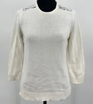 Ralph Lauren Lace Knit Top Womens M 3/4 Sleeve Sweater Quiet Luxury Costal White thumbnail 1