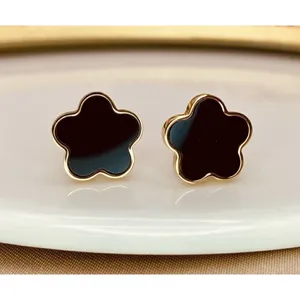 Gold Plated Black Clover Earrings Stainless Steel Floral Unisex Mens Womens thumbnail 3