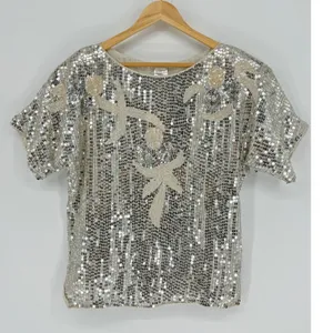 Vintage Elegance by Anujan 100% Silk Sequin Top Small Beaded White‎ Silver Party thumbnail 2