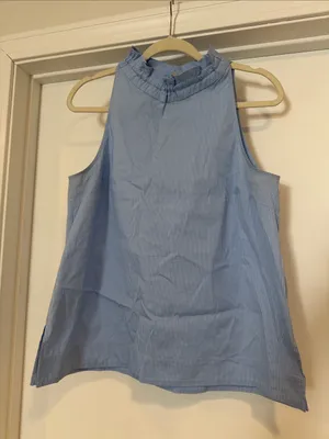 Ann Taylor Blue Pinstripe Sleeveless Ruffle-Neck Shell thumbnail 1