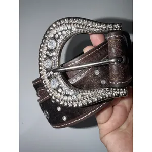 Women's Size M 38" Western Rhinestone Belt Brown Faux Horse Hair Silver Buckle‎ thumbnail 2