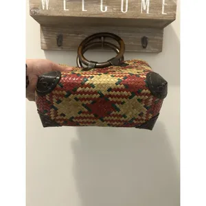 Small Woven Straw Handbag Purse With Wood Handles Lined Boho Beach Native Bag thumbnail 2