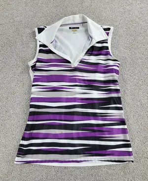 Greg Norman Womens Athletic‎ Tank Top S Purple White Stripes Collared Jersey thumbnail 1