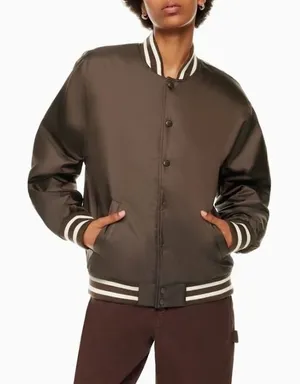 Tna Aritzia Stadium Jacket Brown Satin Varsity Bomber Striped Trim Women XL thumbnail 1