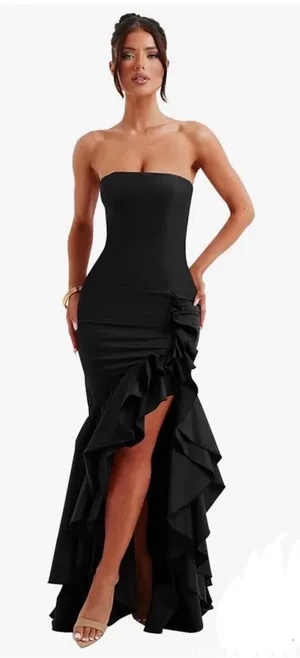 Black prom dress ruffle slit thumbnail 1