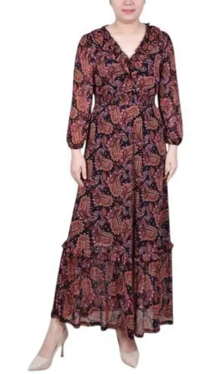 NWT Ny Collection Womens Long Sleeve Mesh Maxi Dress Black Rust Paisley PXL thumbnail 1
