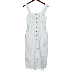 Zara Bodycon Overall Sleeveless Denim Midi Dress Raw Hem Button Down S White thumbnail 12