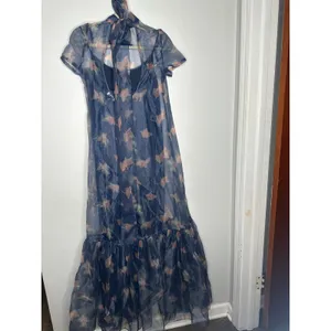 STAUD Botanical Navy Calluna Organza Mesh High Neckline Tie Back Gown size Small thumbnail 3