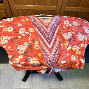 Absolutely Famous XL Orange Floral V-Neck Tie Front Boho Top Dolman Sleeve Soft thumbnail 11