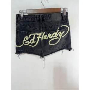 Ed Hardy Denim Cutoff Mini Skirt Panther Rose Distressed Women's S Black Tattoo thumbnail 2
