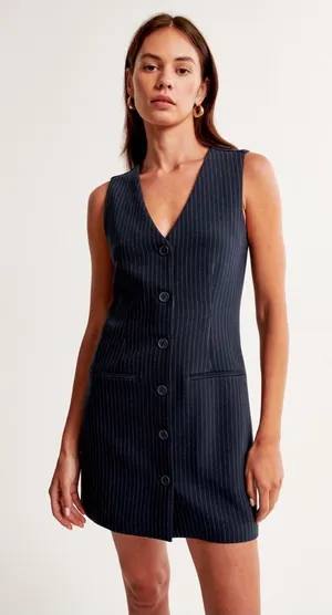 Sleeveless Navy Pinstripe Button-Front Dress thumbnail 1
