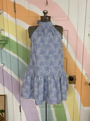 English Factory Blue Striped Embroidered Halter Ruffle Mini Dress Sz XS 🧡🎀 thumbnail 3