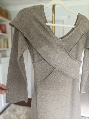 Pretty Lavish Bodycon Midi Dress Taupe Off Shoulder Knit Neutral Quiet Luxur NEW thumbnail 5