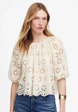 Madewell‎ Top Womens 2XS Embroidered Shirred Puff Sleeve Eyelet Cream NV195 thumbnail 1