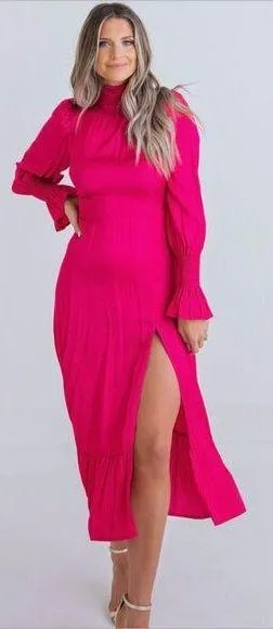 Karlie Solid Smock Neck Midi Dress Size Medium Pink Magenta NEW Satin Thigh Slit thumbnail 1