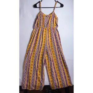 AUW Women Mustard Yellow Boho Striped Wide Leg Jumpsuit Large Floral Geometric thumbnail 4