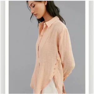 Anthropologie Orange Peach Cotton Gauze Bib-Front Popover Long Sleeve Shirt S thumbnail 3