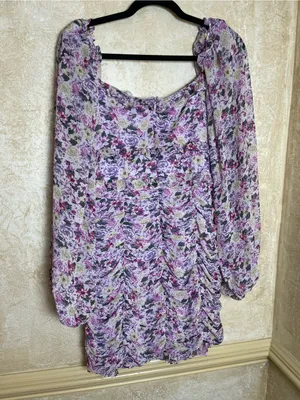 ASTR The Label Floral Ruched Puff Sleeve Mini Dress Purple Sz L Fairy Whimsical thumbnail 8
