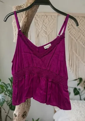 Shyanne Deep Magenta Lace-Trim Smocked Tank thumbnail 1