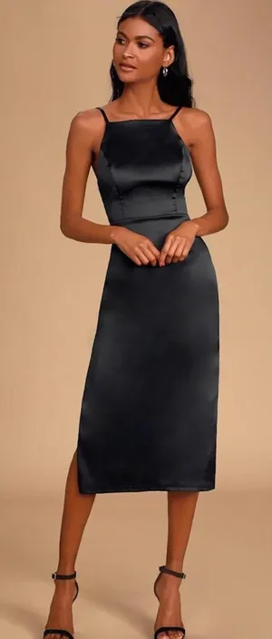 NWT Lulu's Kaisley navy Blue Satin Backless Midi Dress Medium thumbnail 1