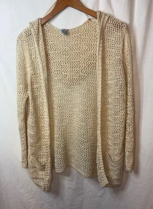 Pink Melo Cream Open-Knit Women's Sweater With Pockets Size Large thumbnail 1