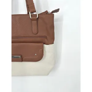 Stone Mountain Tote Bag‎ Purse Brown Ivory Canvas Faux Leather Shoulder Bag thumbnail 3