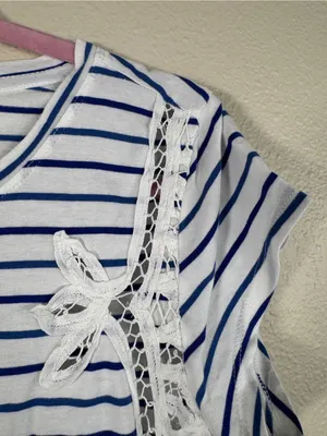 Maeve White Blue Striped Crochet Crop Blouse Womens L Casual Girly Coquette thumbnail 8