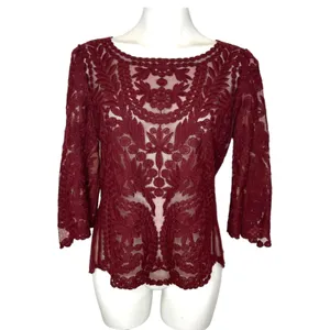 REISS Alden Lace 3/4 Sleeve Claret Burgundy Semi Sheer Blouse‎ Top Large thumbnail 2