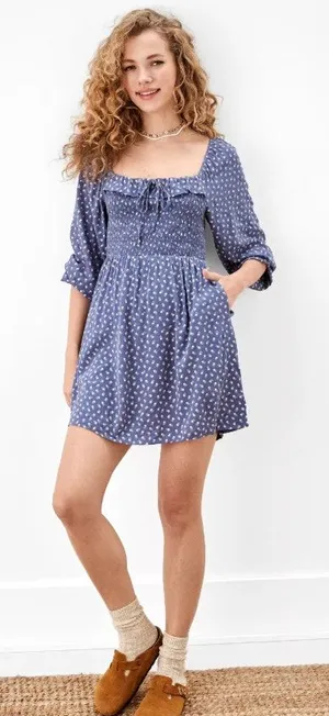 AE Floral Women's Blue Ditsy Flower Smocked Long-Sleeve Ruffle Mini Dress Medium thumbnail 1