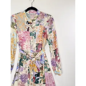 ZARA Dress Purple Mini Floral Patchwork Linen Shirtdress Waist Tie Boho Medium thumbnail 5