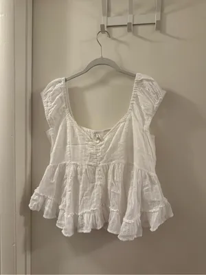 American Eagle Outfitters White Button-Front Ruffle Peplum Top thumbnail 3