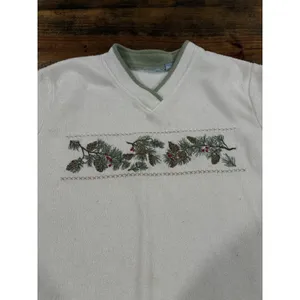 Vintage Fleece Grandma Pullover Sweater Nature Pinecones White Green Size Large thumbnail 3