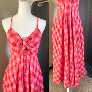 Free People Via Gingham Tie Front Midi Dress Womens Medium Pink Red thumbnail 3