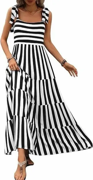 Pretty Garden Black & White Striped Tie-Shoulder Maxi Dress Size Medium thumbnail 1