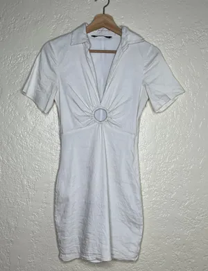Zara Women's Linen Blend White Ring‎ Cutout Collared Bodycon Mini Dress Sz Small thumbnail 1