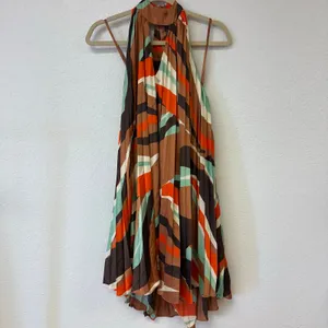 Hutch Anthropologie Halter Pleated Swing Mini Dress Geo Print Brown Size Large thumbnail 2