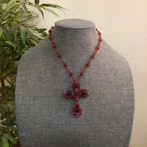 Y2K Gothic Whimsygoth Grunge Red Burgundy Beaded Crystal Rhinestone Large Cross Necklace Choker Pendant Charm #whimsigoth #fleur de lis #skull #heart #bones Measurements pictured thumbnail 1
