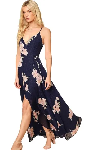 Lulus Loiselle Navy Blue Floral Print Polka Dot Wrap Maxi Dress Size XL Sundress thumbnail 1