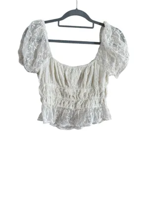 Japna Women's White Lace Puff Sleeve Crop Top M thumbnail 7