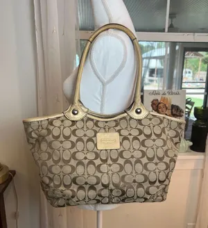 Coach Beige Signature Canvas Tote with Gold Trim thumbnail 1