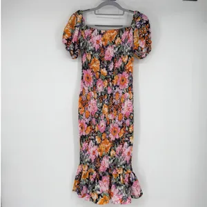 Hello Molly Floral Smocked‎ Bodycon Dress Womens Size 4 Small Puff Sleeve Ruffle thumbnail 2