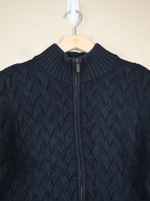 Lands' End Women's L Navy Blue Cable Knit Full-Zip Stand Collar Cardigan thumbnail 3