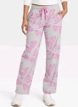NWT Grey & Pink Barbie Logo Graphic Printed PJ Pajama Bottoms Lounge Pants - S thumbnail 1