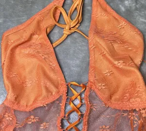 Orange Lace Halter Nighty Sheer Mesh Lace Up Front Ruffle‎ Hem Size M Boho Sexy thumbnail 5