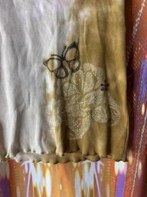 Boho Women’s Ivory Brown Tie Dye Butterfly Scoop Neck Henley Tank M thumbnail 4